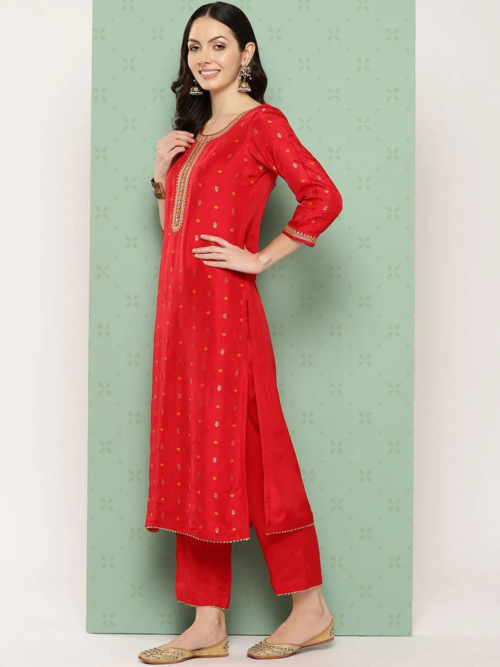 Red Woven Design Silk Straight Kurta With Trousers & Dupatta - Libas