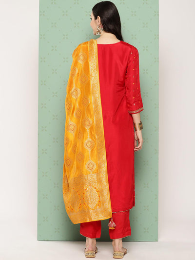 Red Woven Design Silk Straight Kurta With Trousers & Dupatta - Libas