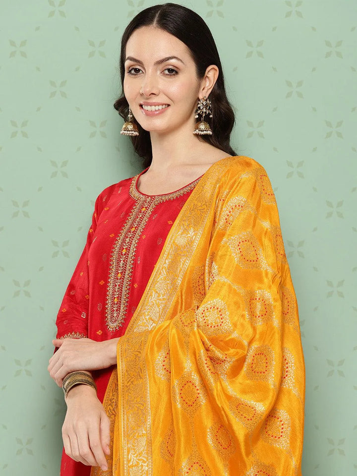 Red Woven Design Silk Straight Kurta With Trousers & Dupatta - Libas