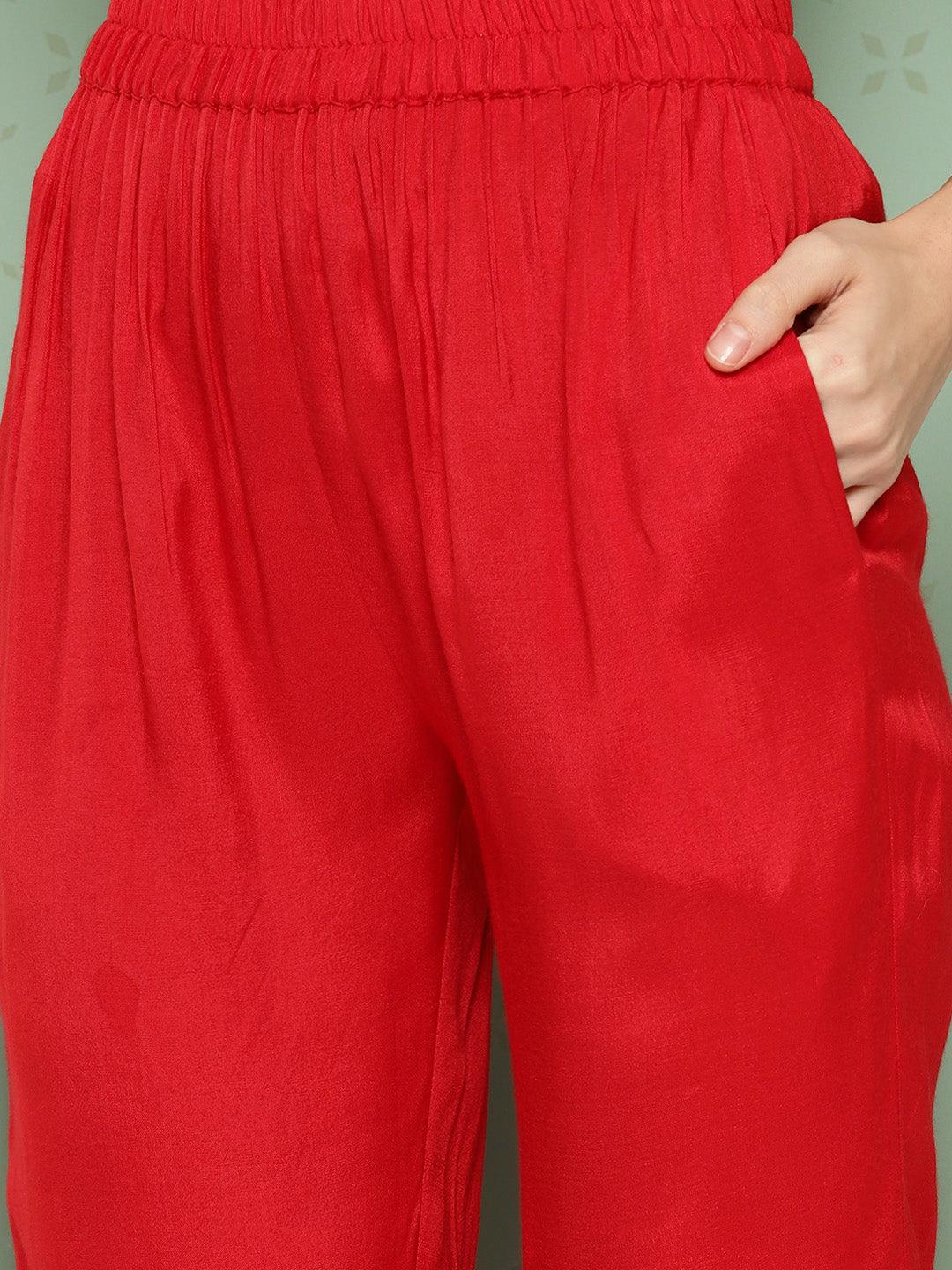 Red Woven Design Silk Straight Kurta With Trousers & Dupatta - Libas