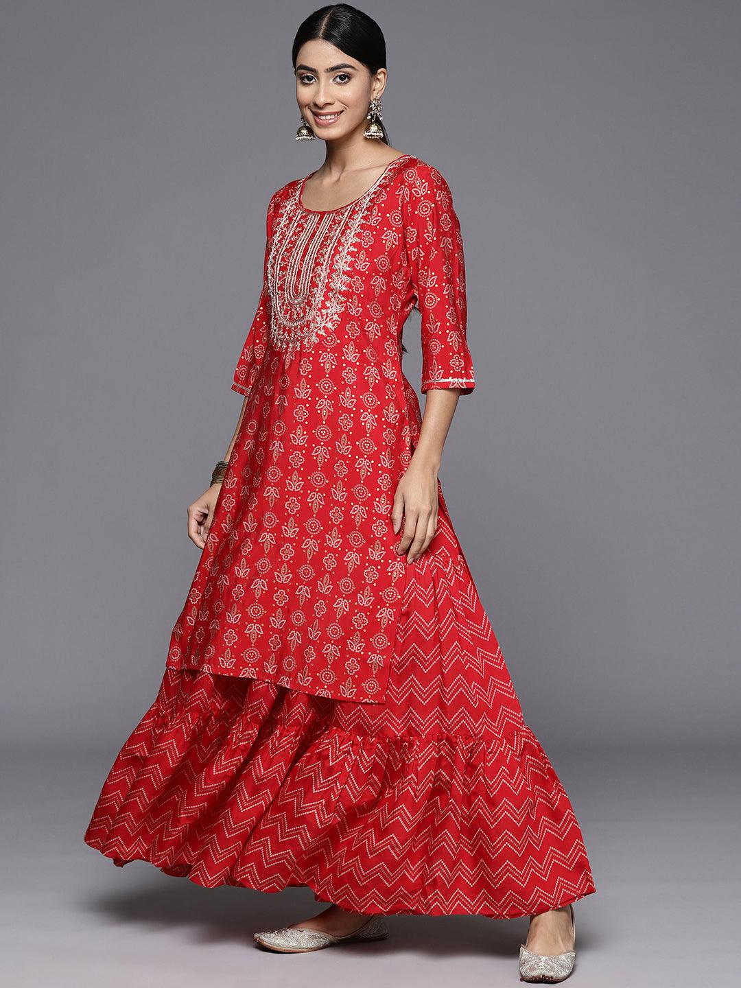 Red Yoke Design Silk Blend Straight Suit With Dupatta