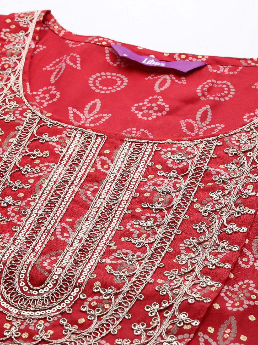 Red Yoke Design Silk Blend Straight Kurta With Skirt & Dupatta - Libas
