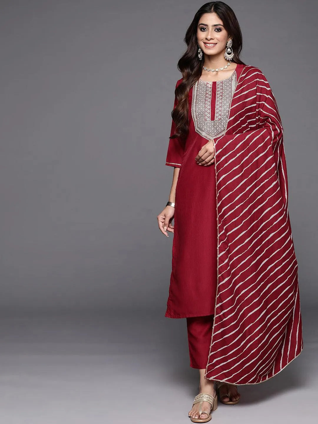 Red Yoke Design Silk Blend Straight Kurta With Trousers & Dupatta - Libas 