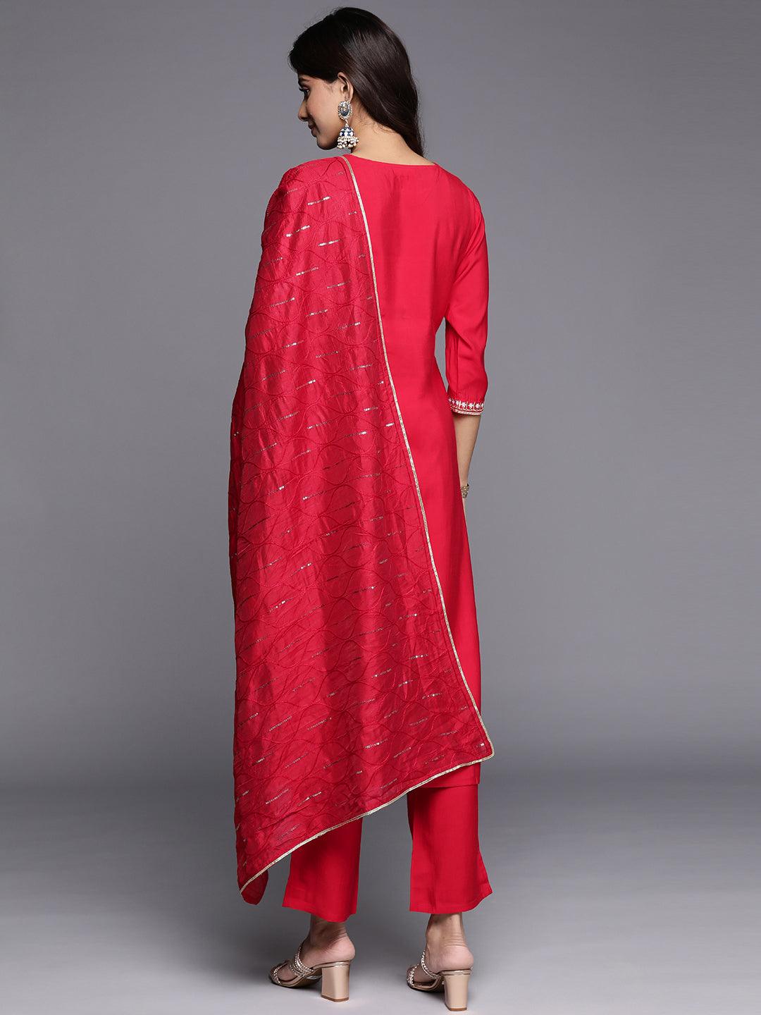 Red Yoke Design Silk Blend Straight Kurta With Trousers & Dupatta - Libas