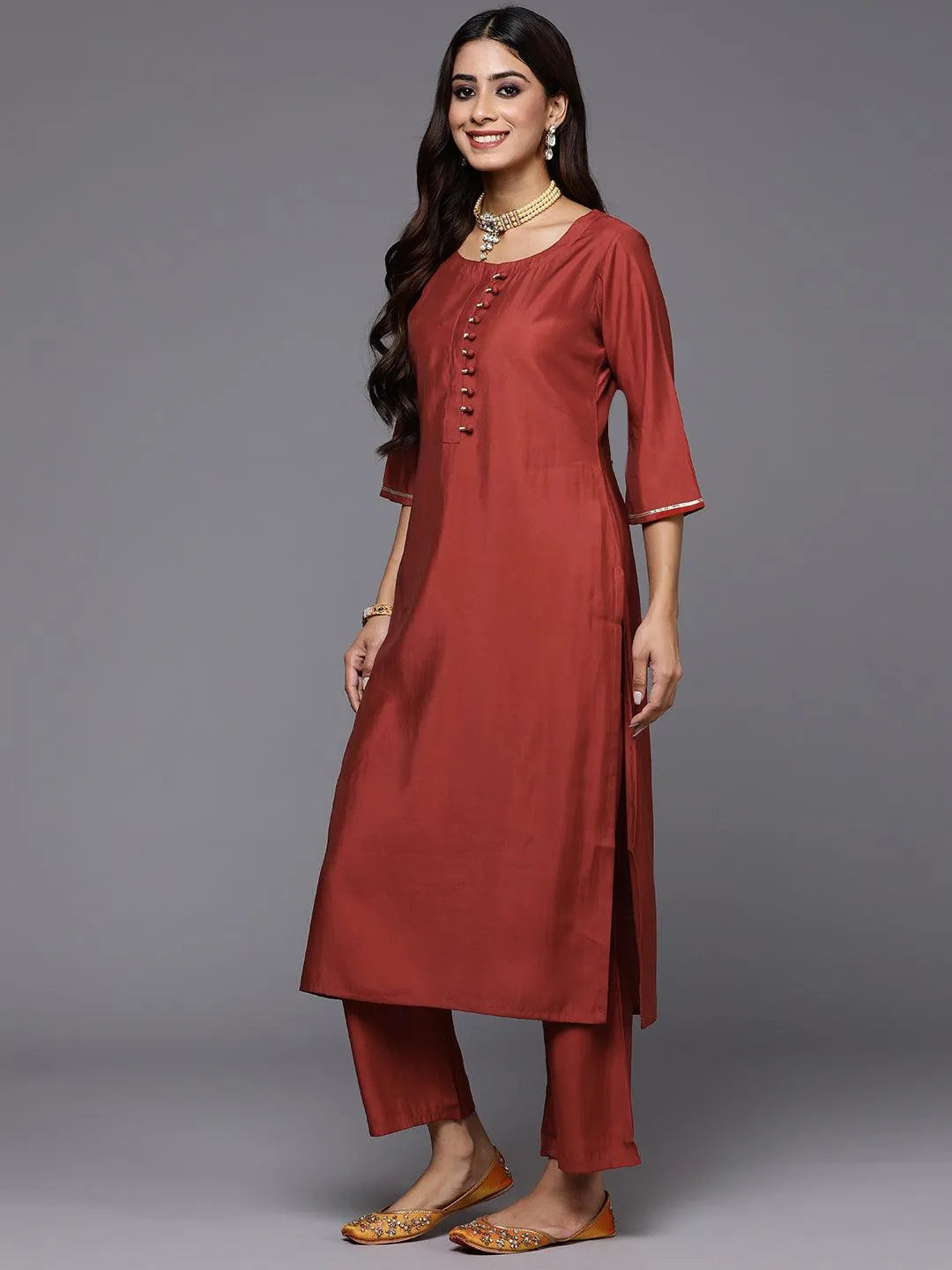 Rust Solid Silk Blend Straight Kurta With Trousers & Dupatta - Libas 