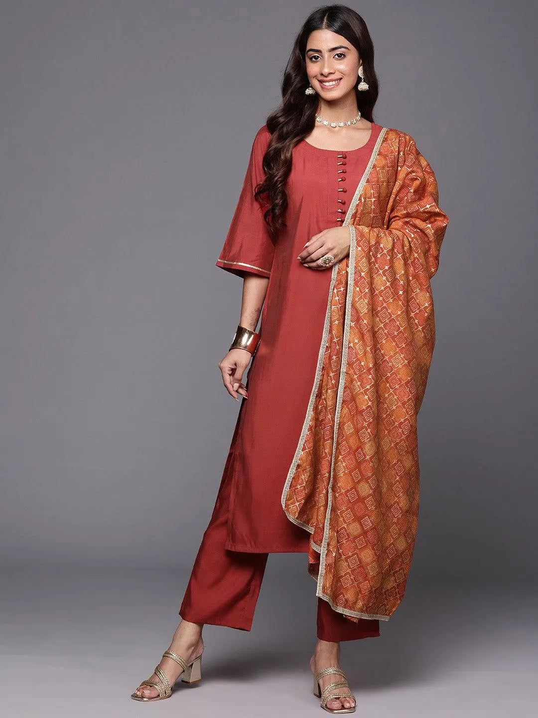Rust Solid Silk Blend Straight Kurta With Trousers & Dupatta - Libas 