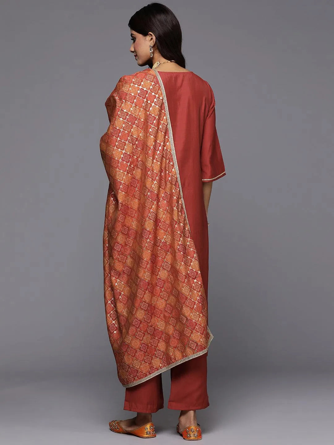Rust Solid Silk Blend Straight Kurta With Trousers & Dupatta - Libas 