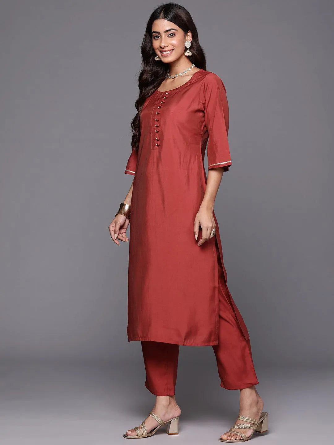 Rust Solid Silk Blend Straight Kurta With Trousers & Dupatta - Libas 