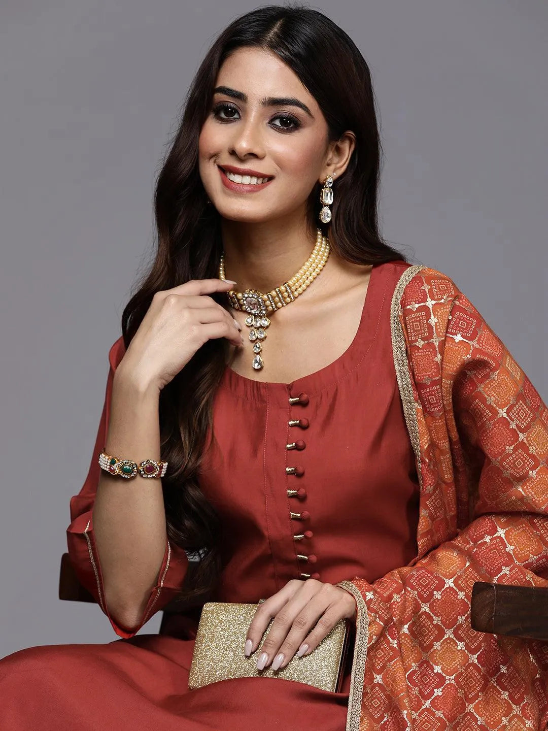 Rust Solid Silk Blend Straight Kurta With Trousers & Dupatta - Libas 