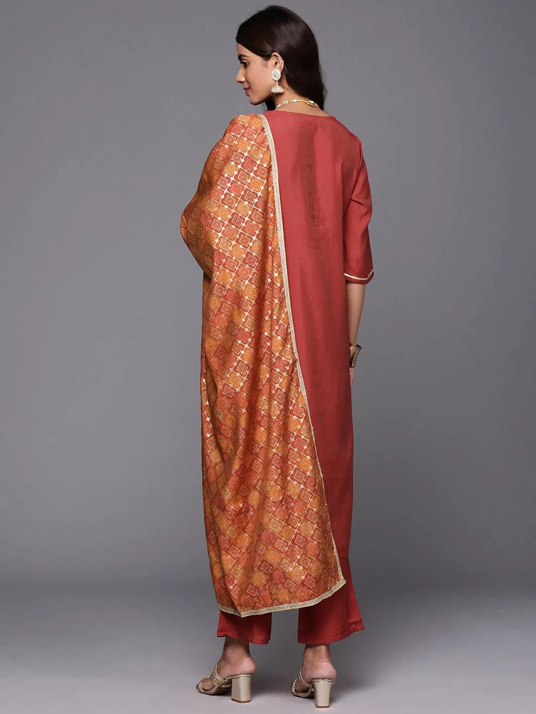 Rust Solid Silk Blend Straight Kurta With Trousers & Dupatta - Libas 