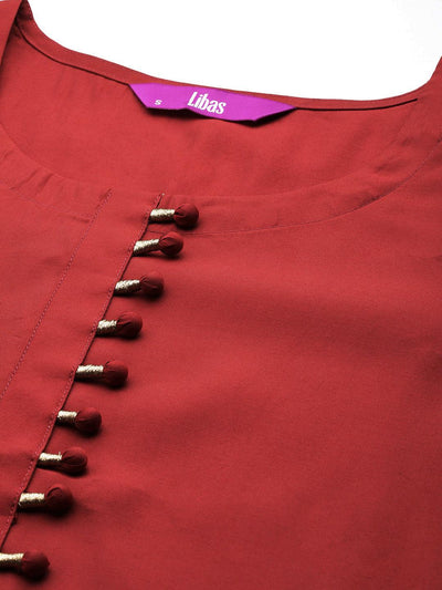 Rust Solid Silk Blend Straight Kurta With Trousers & Dupatta - Libas
