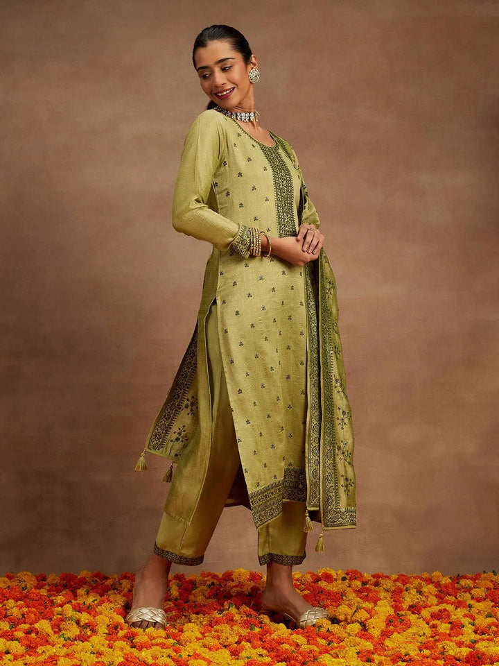 Sage Green Embroidered Silk Blend Straight Kurta With Trousers & Dupatta - Libas