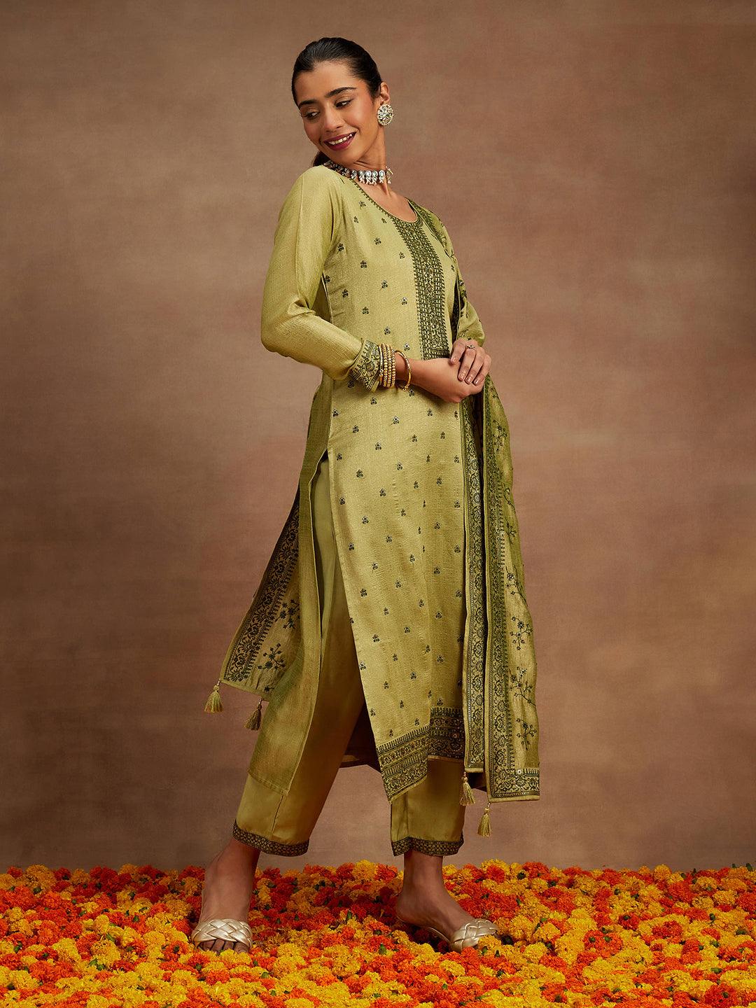Sage Green Embroidered Silk Blend Straight Kurta With Trousers & Dupatta - Libas