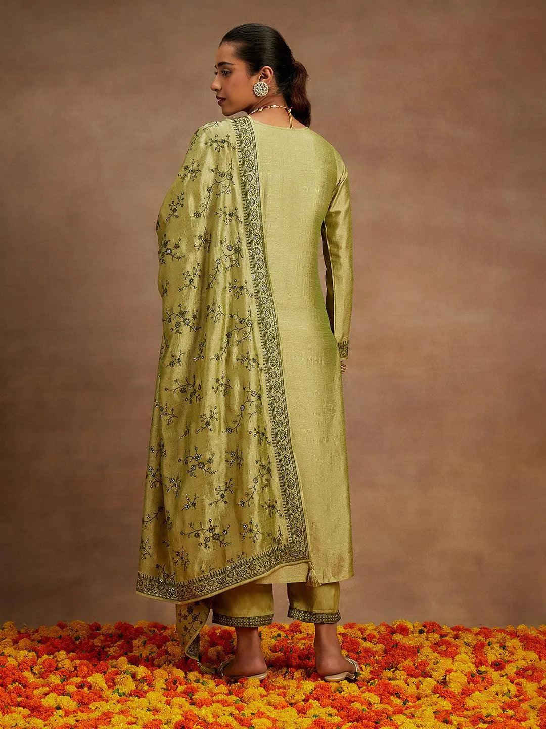 Sage Green Embroidered Silk Blend Straight Kurta With Trousers & Dupatta - Libas 