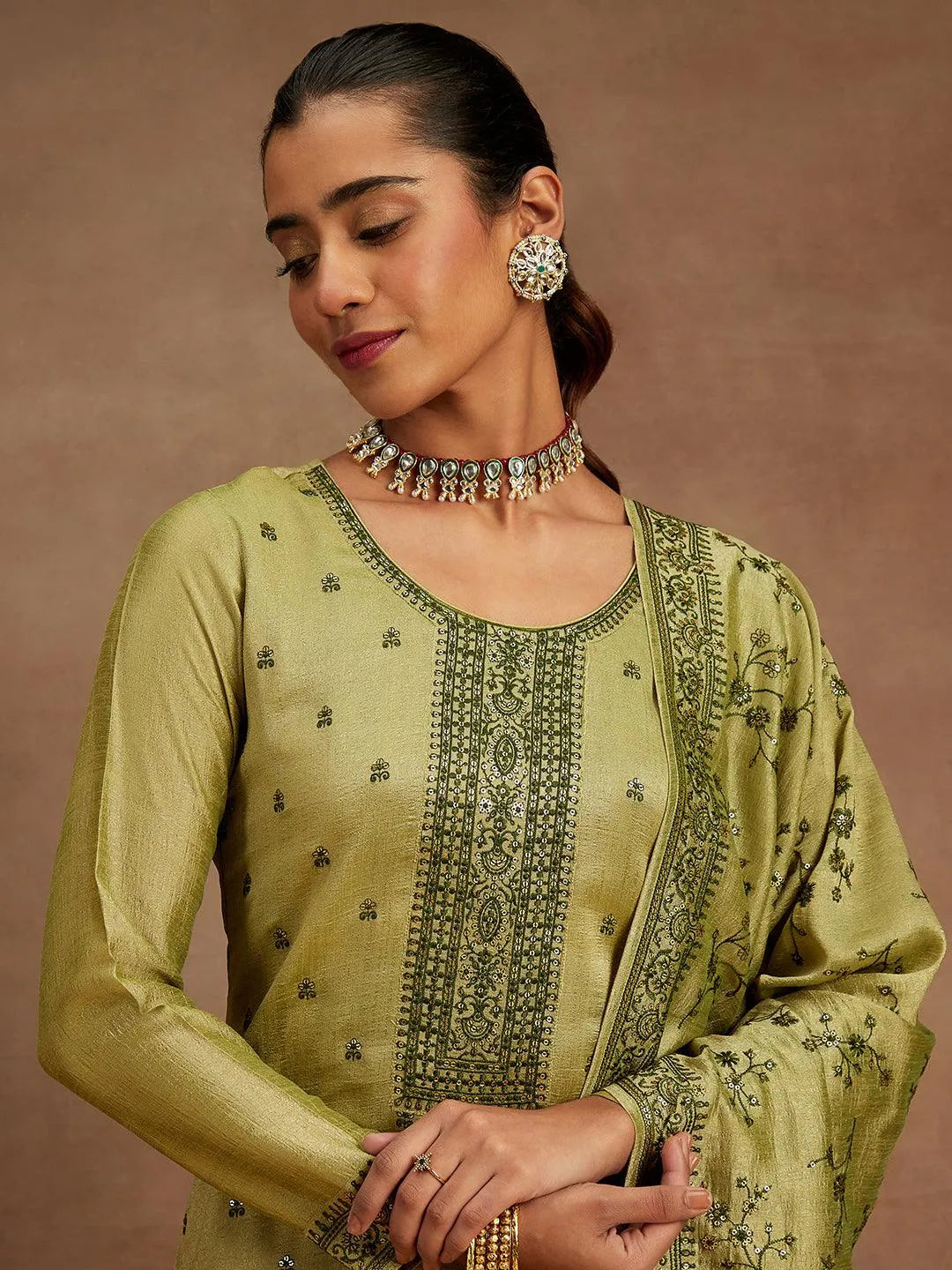 Sage Green Embroidered Silk Blend Straight Kurta With Trousers & Dupatta - Libas 