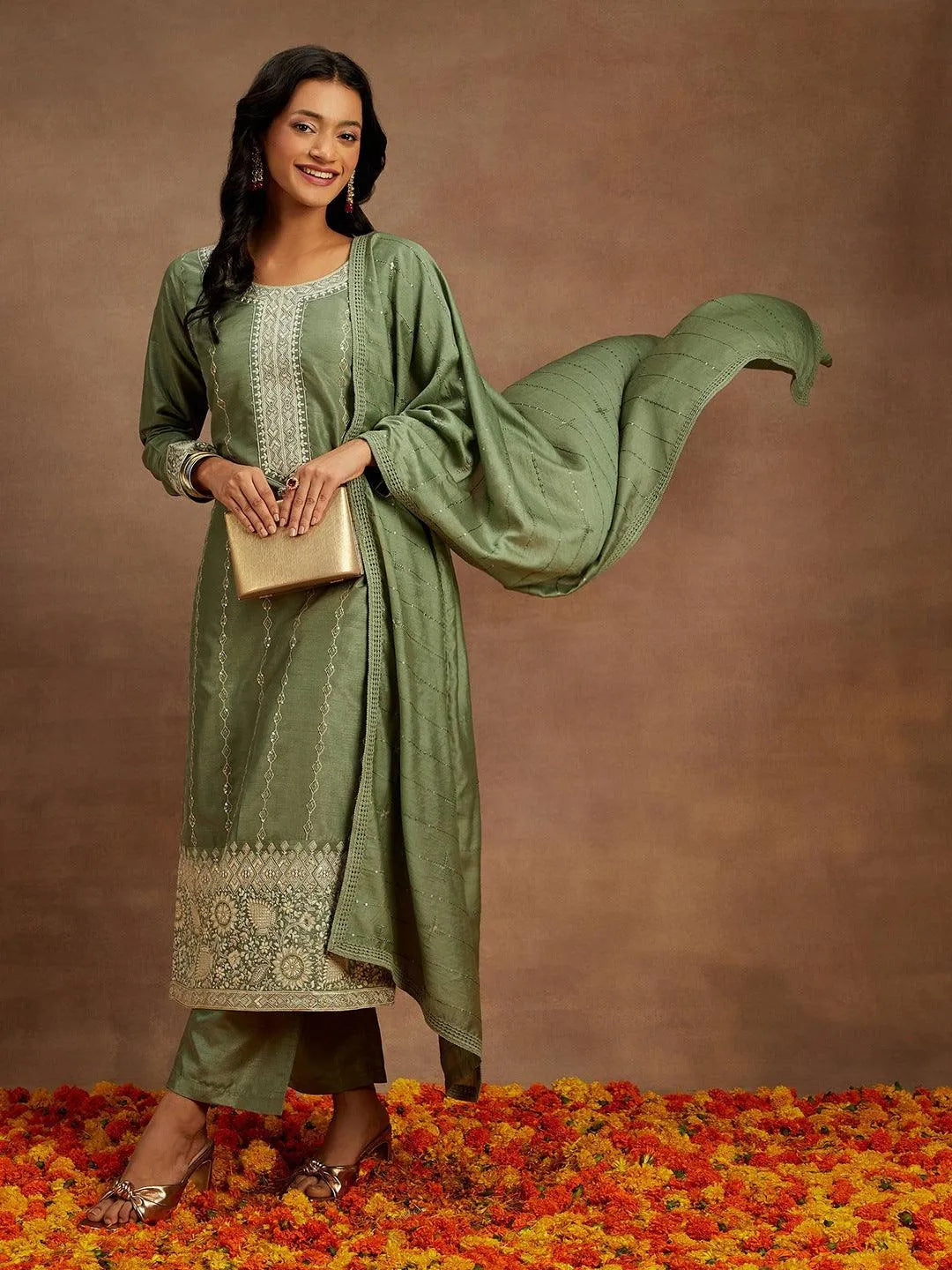 Sage Green Embroidered Silk Straight Kurta With Trousers & Dupatta - Libas 