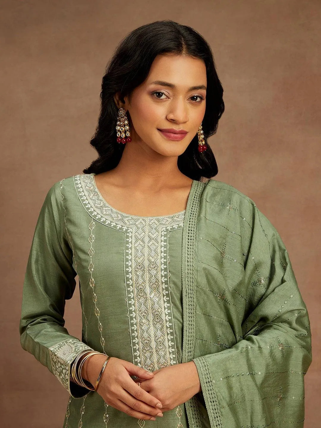 Sage Green Embroidered Silk Straight Kurta With Trousers & Dupatta - Libas 