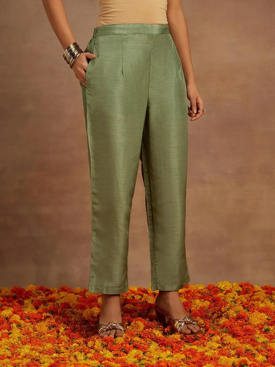 Sage Green Embroidered Silk Straight Kurta With Trousers & Dupatta - Libas 
