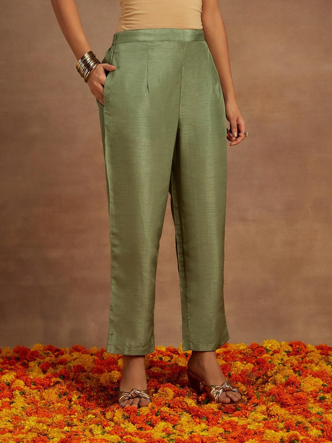 Sage Green Embroidered Silk Straight Kurta With Trousers & Dupatta - Libas