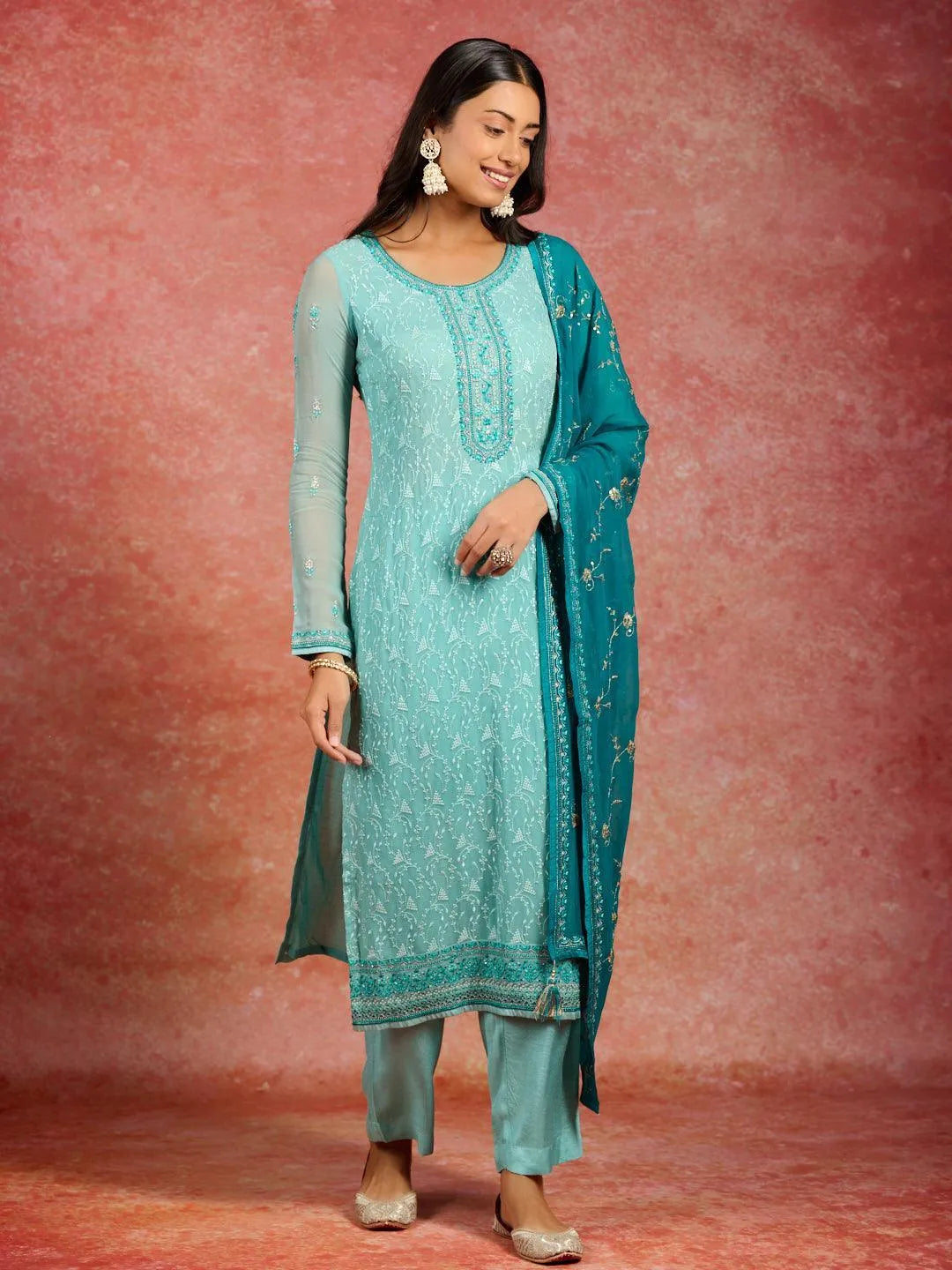 Sea Green Embroidered Georgette Straight Kurta With Trousers & Dupatta - Libas