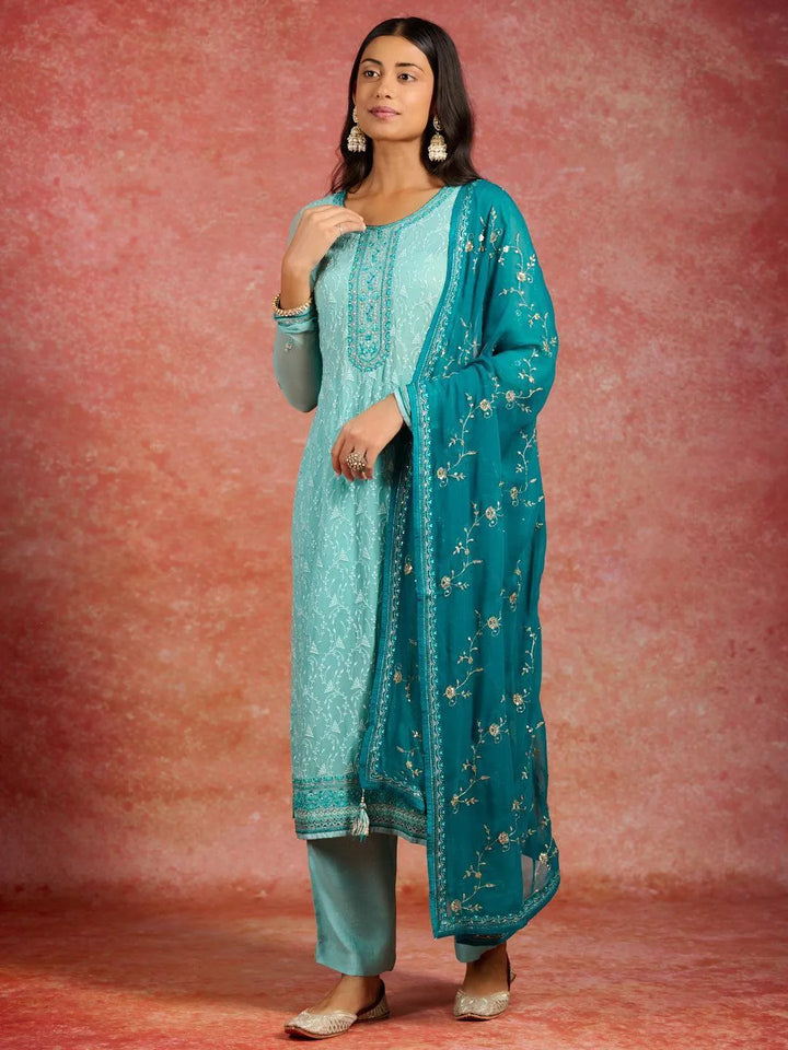 Sea Green Embroidered Georgette Straight Kurta With Trousers & Dupatta - Libas