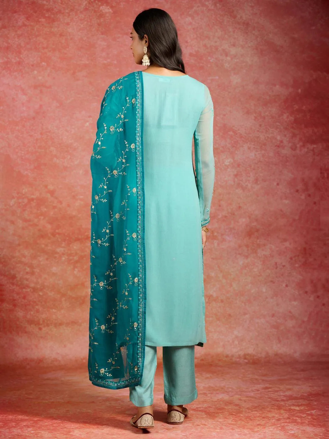 Sea Green Embroidered Georgette Straight Kurta With Trousers & Dupatta - Libas 