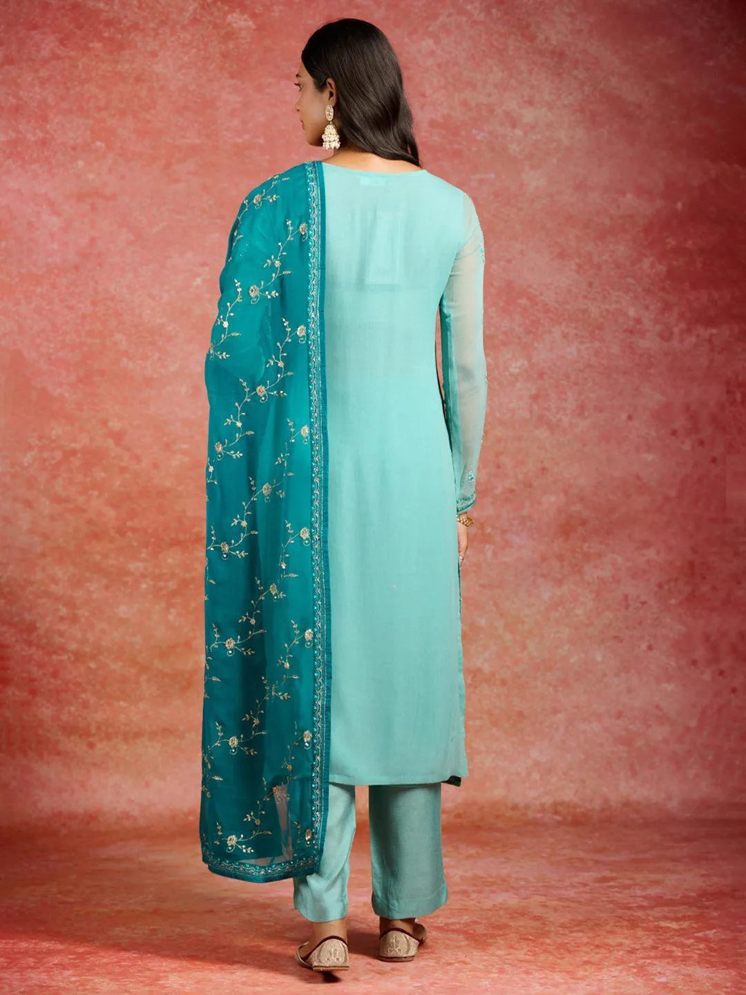 Sea Green Embroidered Georgette Straight Kurta With Trousers & Dupatta - Libas