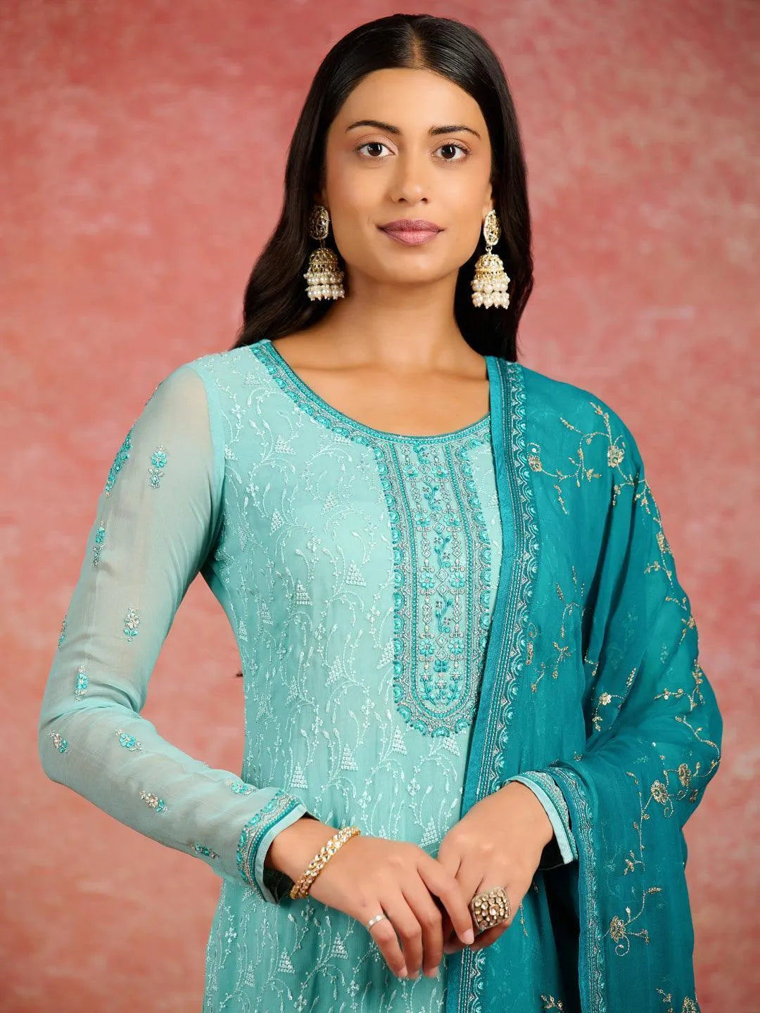 Sea Green Embroidered Georgette Straight Kurta With Trousers & Dupatta - Libas