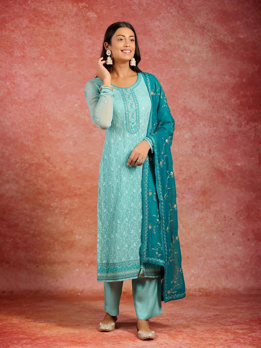 Sea Green Embroidered Georgette Straight Kurta With Trousers & Dupatta