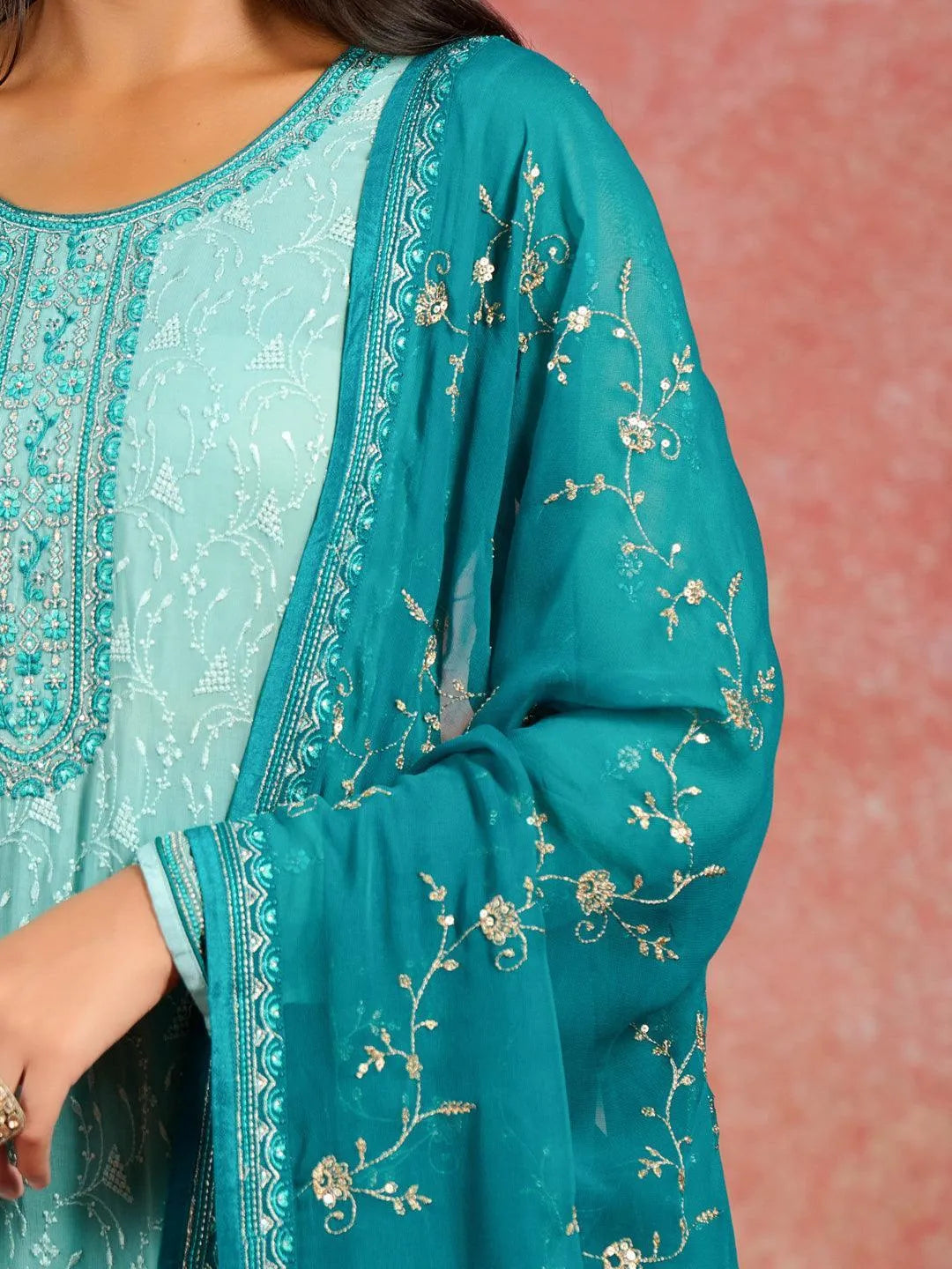 Sea Green Embroidered Georgette Straight Kurta With Trousers & Dupatta - Libas