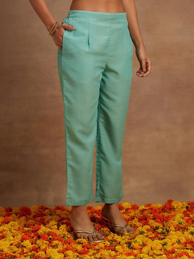 Sea Green Embroidered Silk Straight Kurta With Trousers & Dupatta - Libas