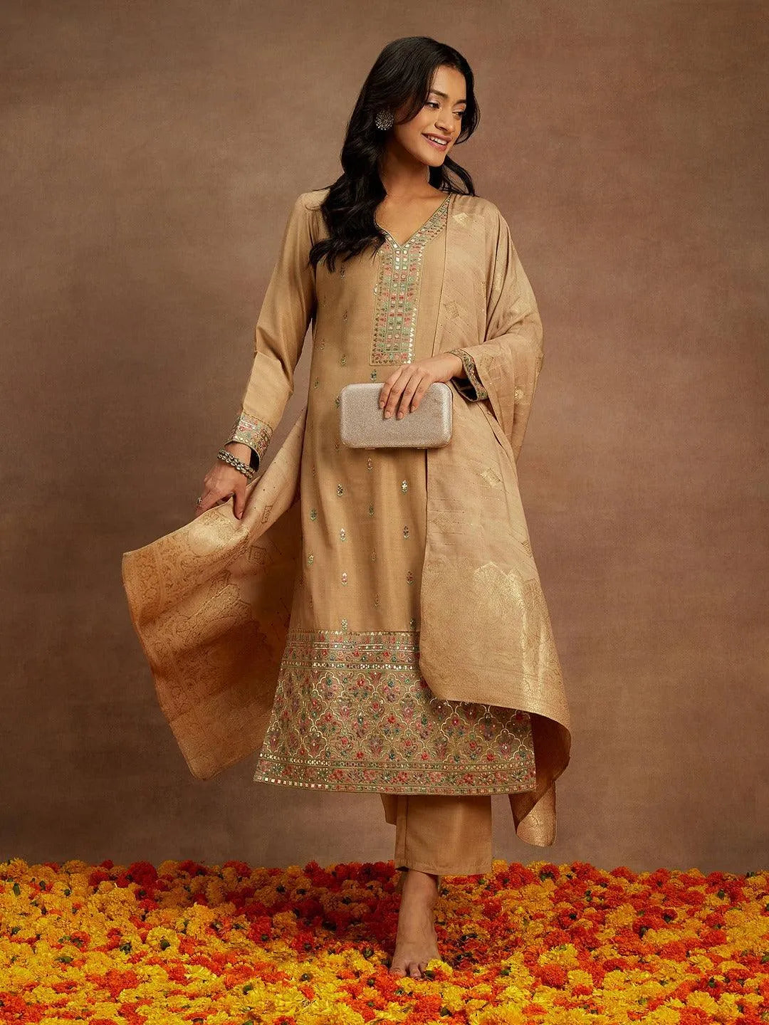 Tan Embroidered Silk Straight Kurta With Trousers & Dupatta - Libas