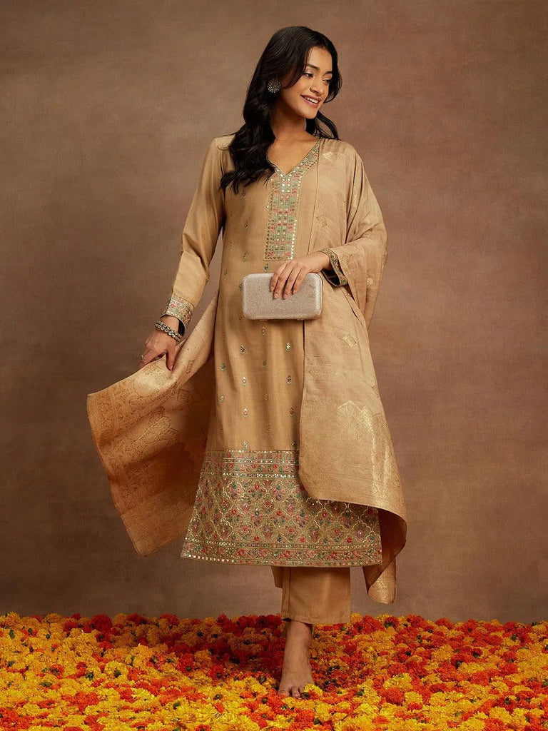 Libas Tan Embroidered Silk Straight Suit With Dupatta