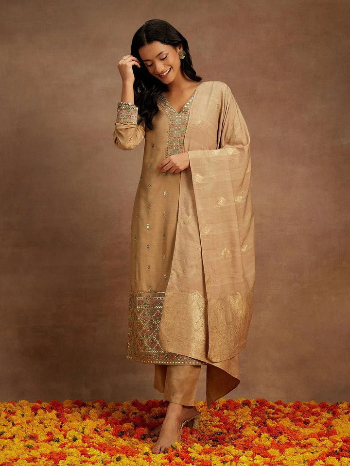 Tan Embroidered Silk Straight Kurta With Trousers & Dupatta - Libas