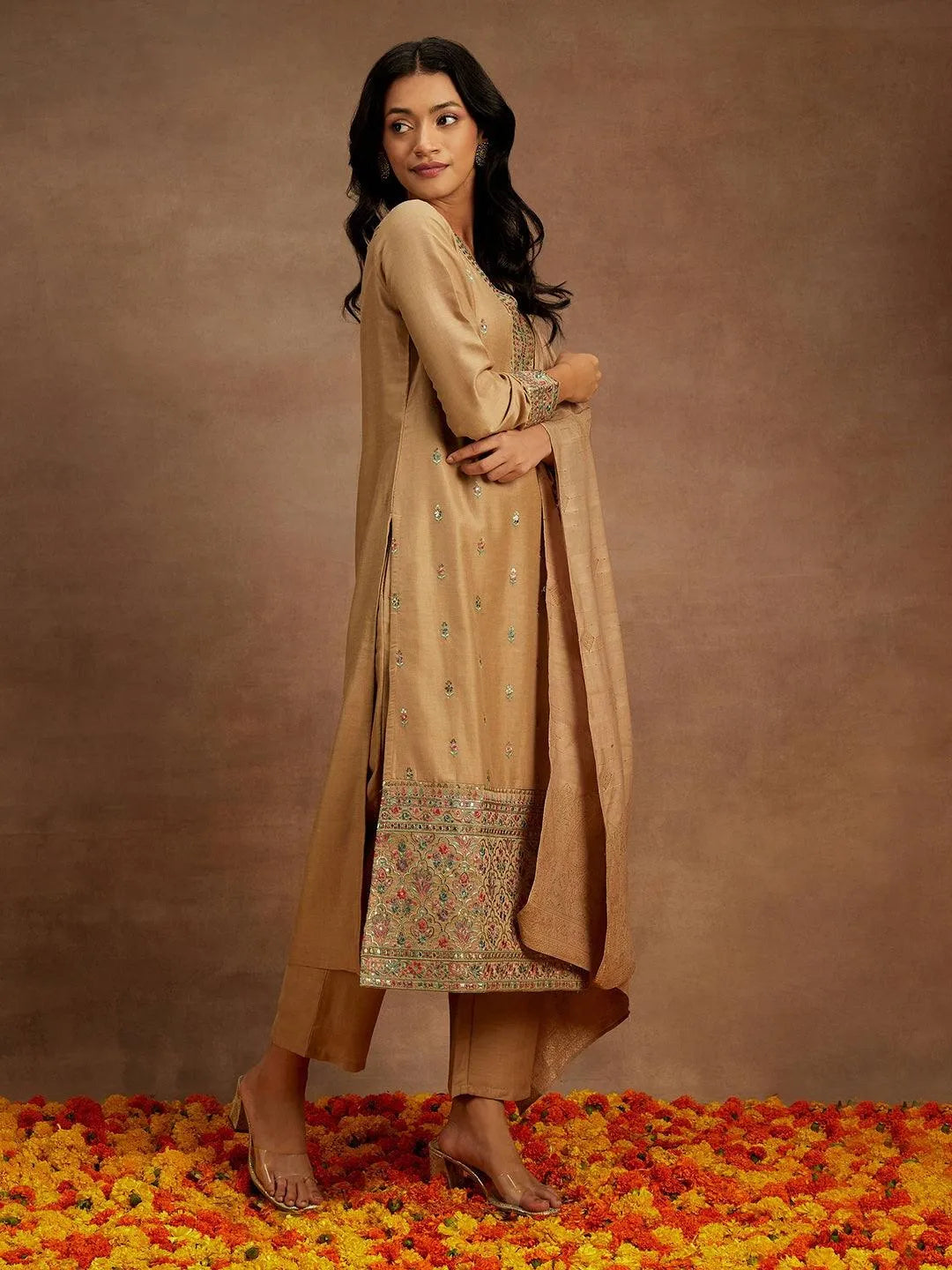 Tan Embroidered Silk Straight Kurta With Trousers & Dupatta - Libas 