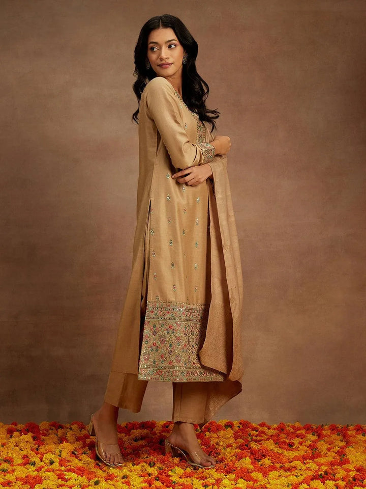 Tan Embroidered Silk Straight Kurta With Trousers & Dupatta - Libas