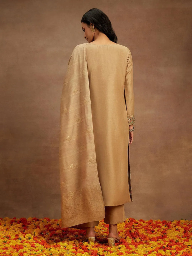 Buy Tan Embroidered Silk Straight Suit With Dupatta Online at Rs
