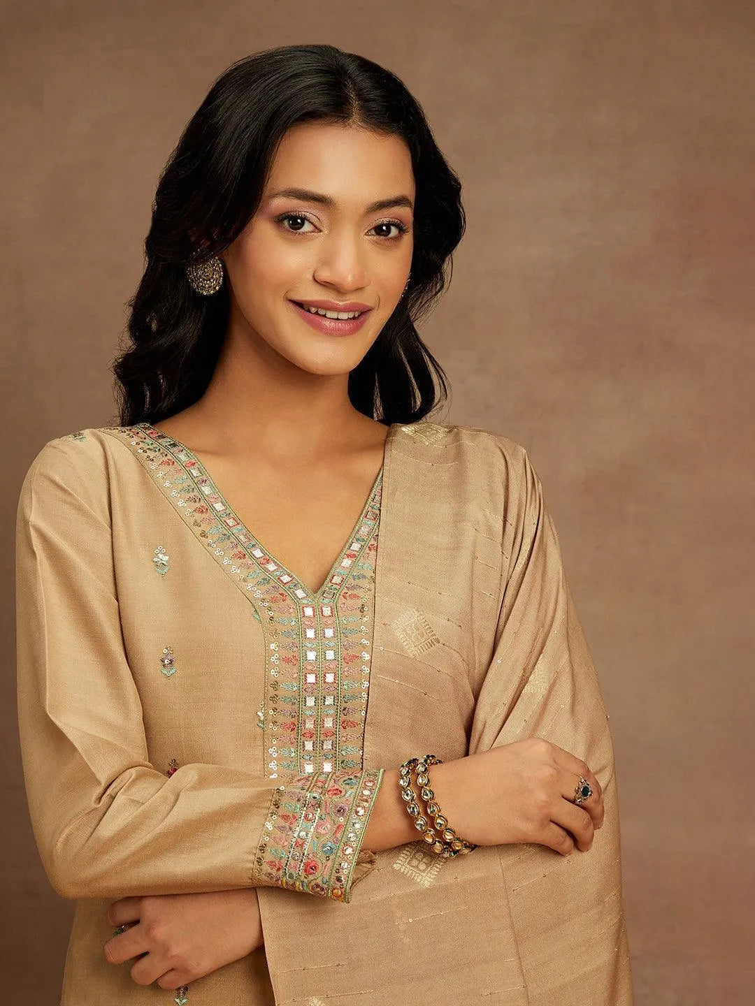 Tan Embroidered Silk Straight Kurta With Trousers & Dupatta - Libas