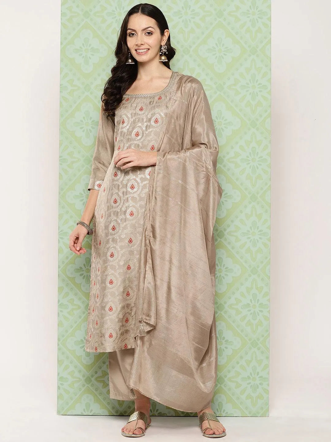 Taupe Woven Design Silk Blend Straight Kurta With Trousers & Dupatta - Libas 