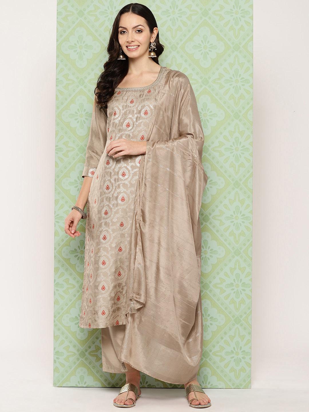 Taupe Woven Design Silk Blend Straight Kurta With Trousers & Dupatta - Libas