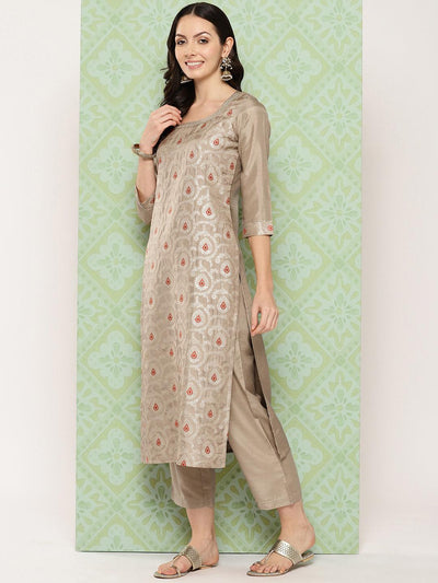 Taupe Woven Design Silk Blend Straight Kurta With Trousers & Dupatta - Libas
