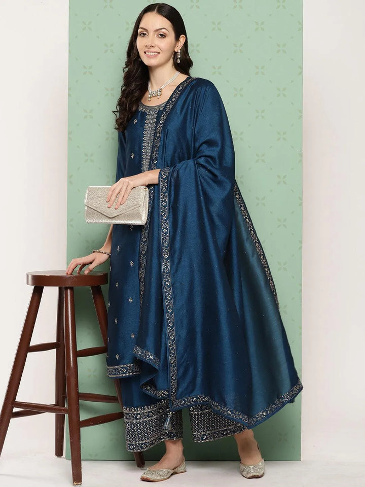 Teal Blue Embroidered Silk Blend Straight Kurta With Palazzos & Dupatta - Libas