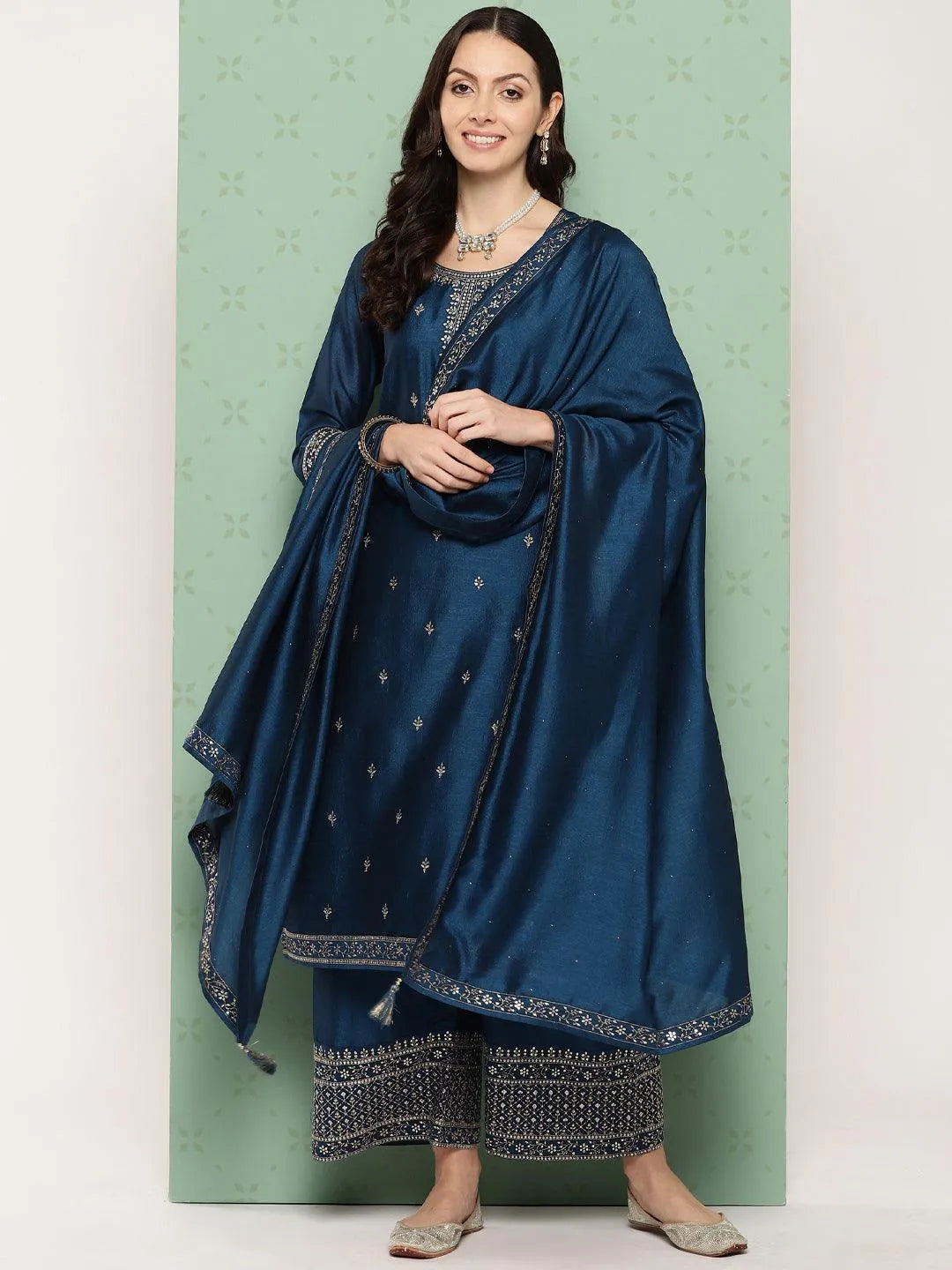 Teal Blue Embroidered Silk Blend Straight Kurta With Palazzos & Dupatta - Libas 