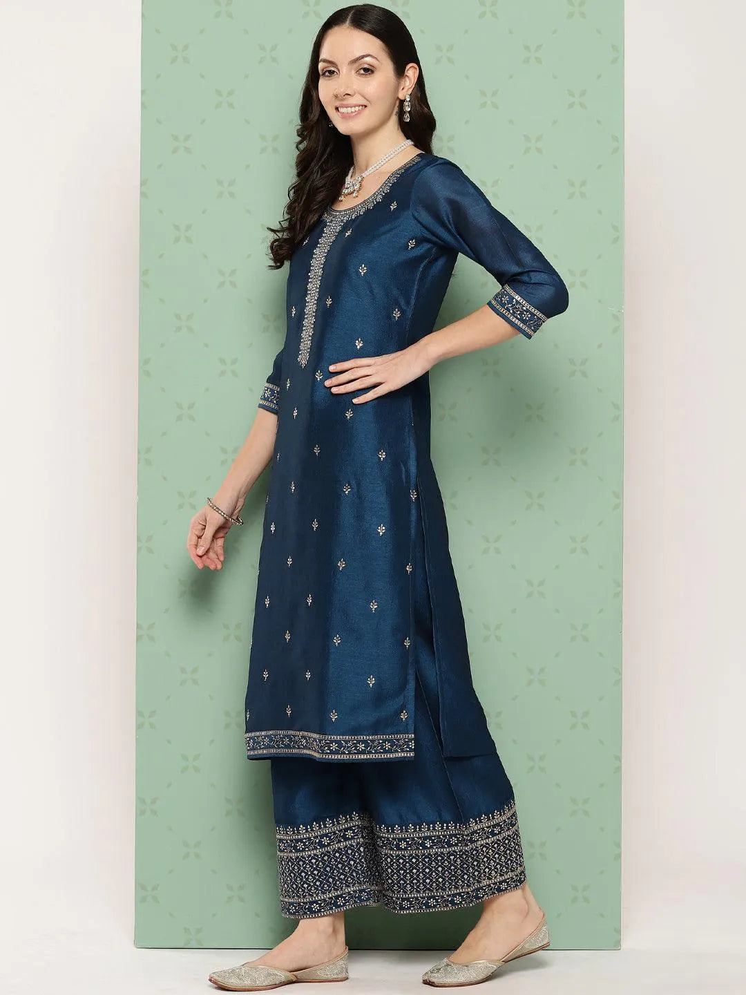 Teal Blue Embroidered Silk Blend Straight Kurta With Palazzos & Dupatta - Libas 