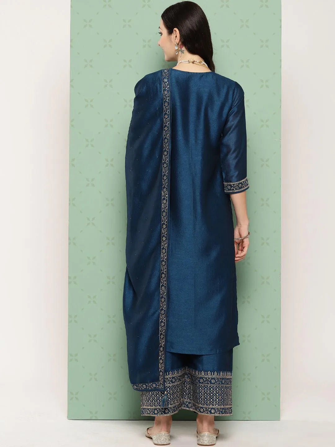 Teal Blue Embroidered Silk Blend Straight Kurta With Palazzos & Dupatta - Libas 