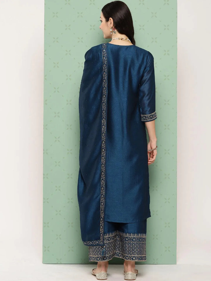Teal Blue Embroidered Silk Blend Straight Kurta With Palazzos & Dupatta - Libas