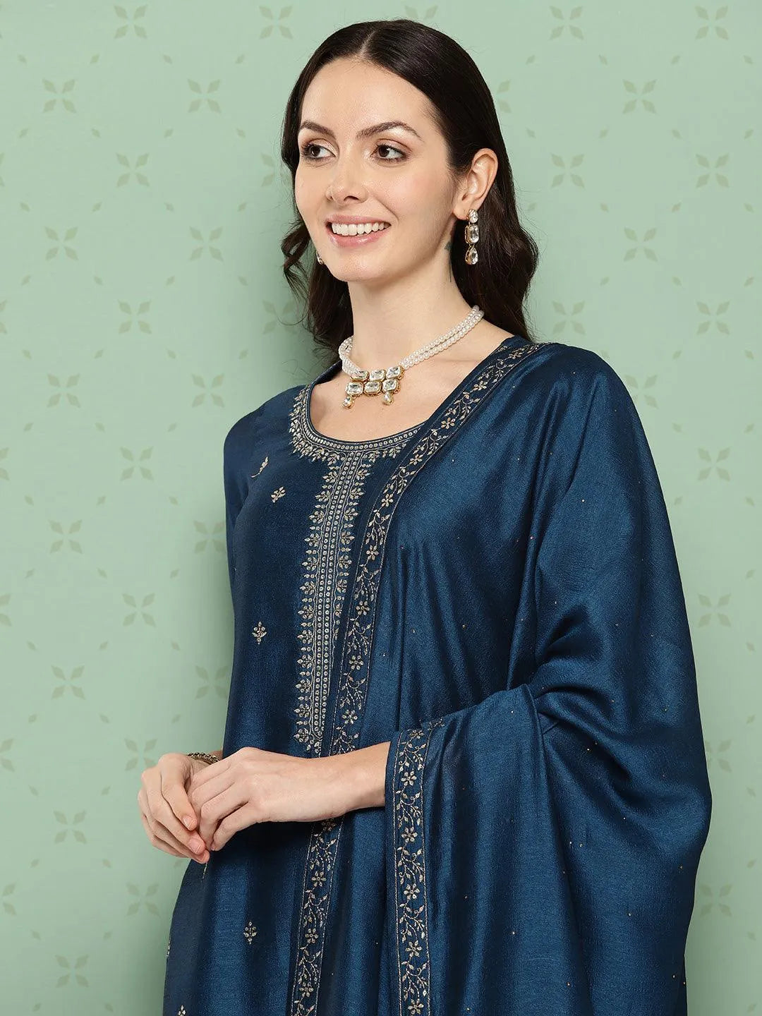 Teal Blue Embroidered Silk Blend Straight Kurta With Palazzos & Dupatta - Libas 