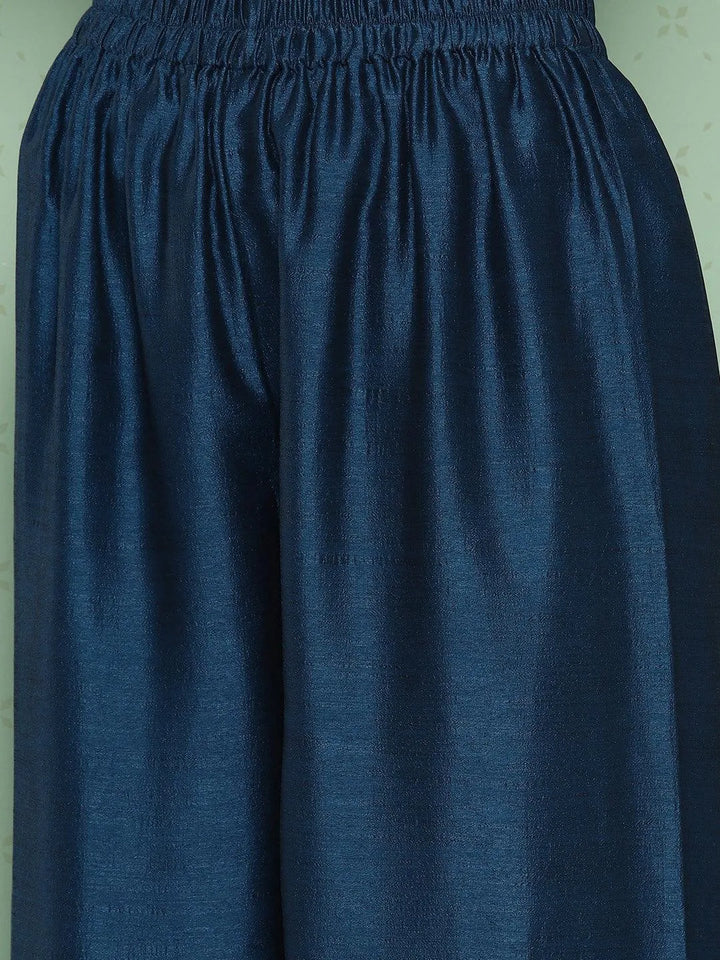 Teal Blue Embroidered Silk Blend Straight Kurta With Palazzos & Dupatta - Libas