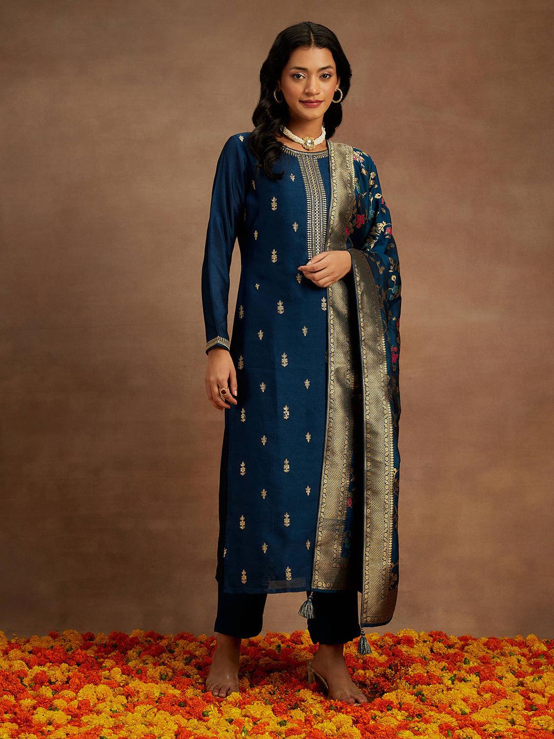 Teal Embroidered Silk Blend Straight Suit With Dupatta