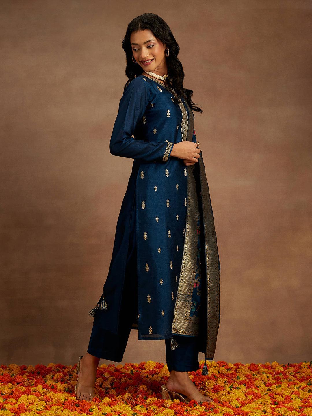 Teal Blue Embroidered Silk Blend Straight Kurta With Trousers & Dupatta - Libas